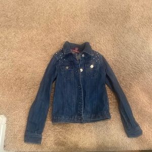 kids jean jacket with finest rhinestones on the shoulders, brand: epic threads